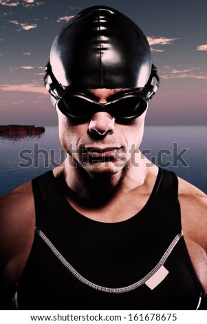 Triathlon swimmer man with cap and glasses outdoor at a lake at sunset. Extreme fitness sport. Close-up portrait.