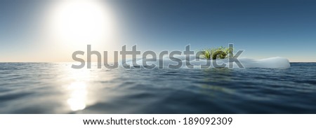 Iceberg with green grass floating in ocean. Clear blue sky. Global warming. Panoramic shot.