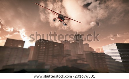 Airplane crashing in skyscraper city. Ground wide angle view.
