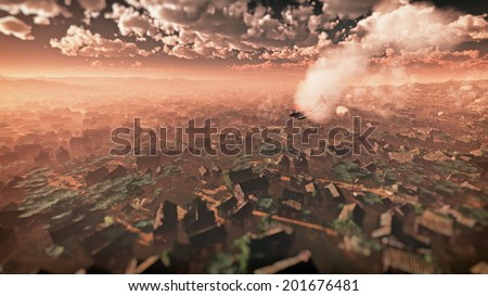 Aerial of airplane crashing in desert city. Cloudy sky.