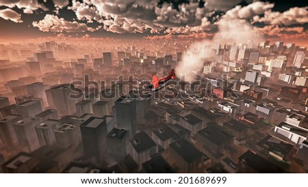 Aerial of airplane crashing in skyscraper city. Dark cloudy sky.