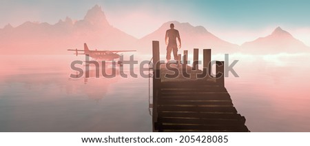 Man walking on pier at lake with floating airplane. Misty sunrise.