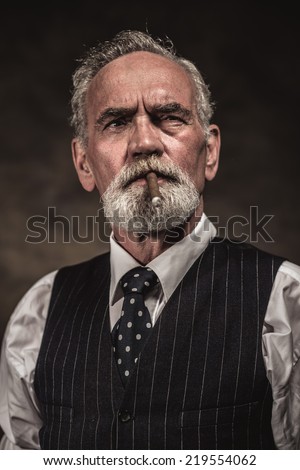 Cigar smoking characteristic senior business man with gray hair and beard wearing blue striped gilet and tie. Against brown wall.