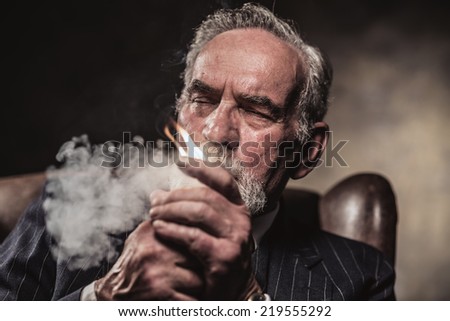 In chair sitting characteristic senior business man. Smoking cigar. Gray hair and beard wearing blue striped suit and tie. Against brown wall.