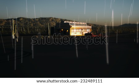 Desert landscape with diner and vintage car in the rain at sunset. Low perspective view.