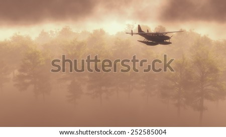 Float plane or seaplane flying in fog or mist above an evergreen coniferous forest in an atmospheric ethereal landscape depicting wilderness transportation and sightseeing