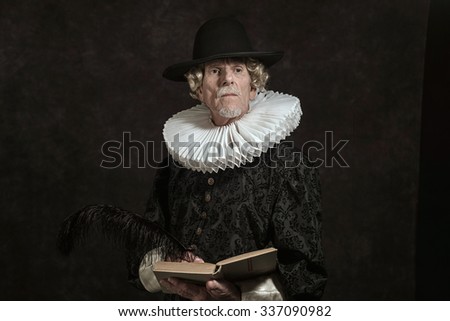 Official portrait of historical governor from the golden age. Writing in book. Studio shot against dark wall.