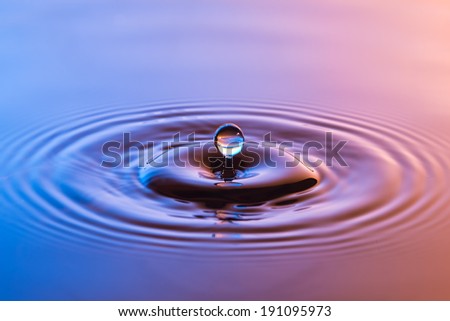 Water drop close up with concentric ripples on colourful blue and amber surface