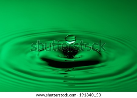 Water drop close up with concentric ripples on colourful green surface