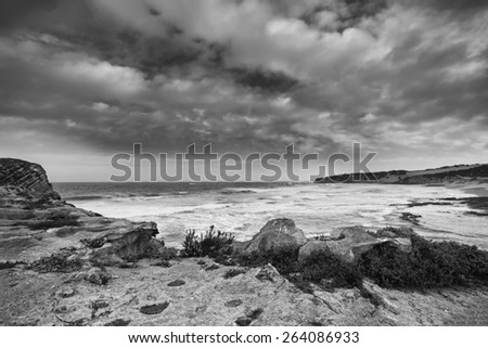 Black and white landscape of ocean rocks and clouds in artistic conversion