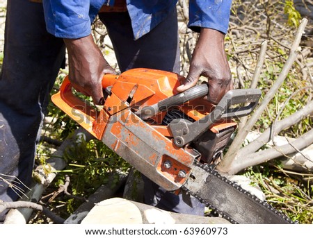 Man cutting tree with chain saw in sunshine