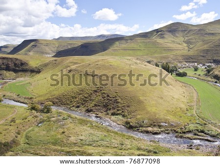 Landscape of mountains and a river green sunshine
