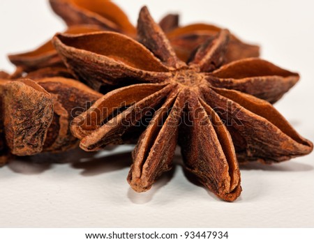 Aromatic star aniseed lying with other on a white, clean surface