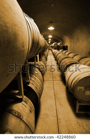 Wine cave with casks in Sonoma California