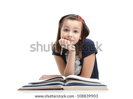 School girl is waiting for inspiration to start writing, isolated, white background