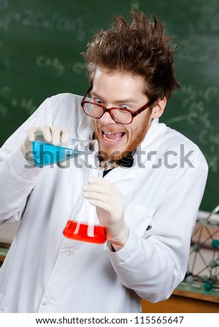 Mad professor mixes two different liquids in his laboratory