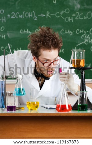 Mad professor is shocked with the result of tests in his laboratory