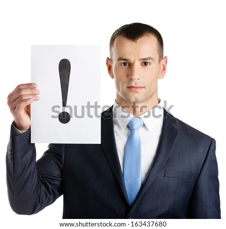 Manager hands paper with exclamation mark, isolated on white