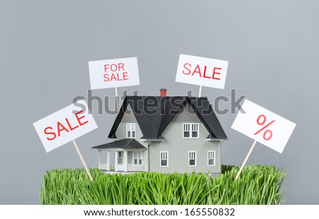 Close up view of model house for sale on green grass, grey background. Concept of real estate and property