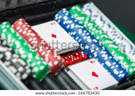 Poker set in the suitcase. Symbol of addiction to the poker