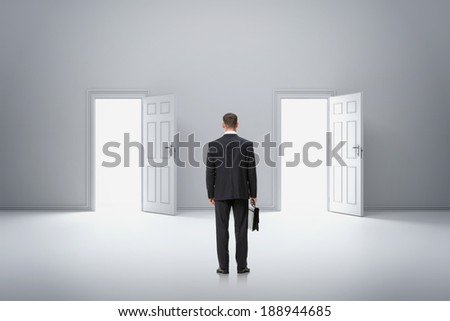 Full-length backview portrait of businessman with case in front of two doors. Concept of hard choice and difficulties