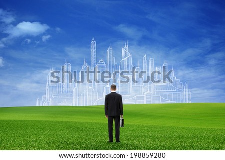 Portrait of young businessman with case, looking to the city