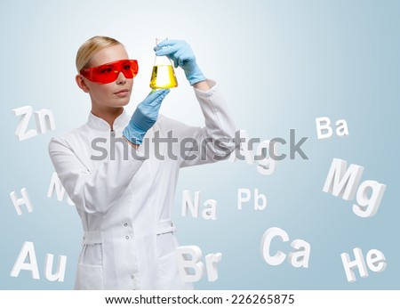 Woman doctor making chemical combination in Erlenmeyer flask, chemical elements background