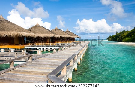 Beautiful vivid over beach with the water villas  in the Indian ocean