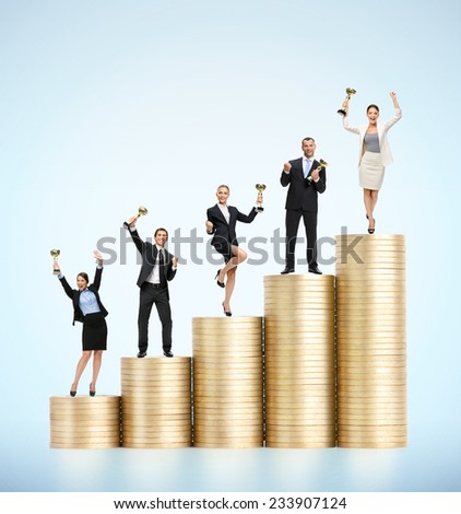 Business team with cups standing on the stairs of gold coins. Concept of business success