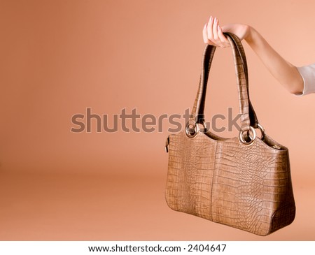 Woman's hand holding leather handbag on the beige background