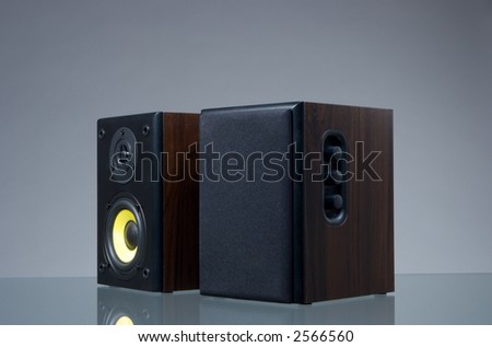 Audio speakers on the gray background with reflection