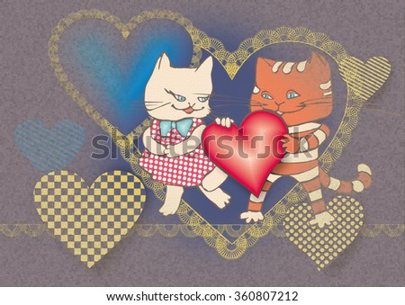 decorative composition of hearts and nice cats in love