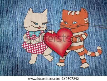 decorative composition of hearts and nice cats in love