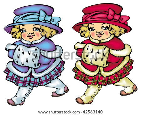 Cartoon likable girl in winter clothes in victorian stile two variants of color
