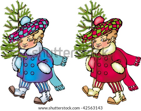 Cartoon likable boy in winter clothes in victorian stile gets on the hip the Christmas tree two variants of color