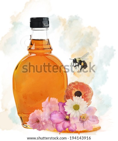 Watercolor Honey Bottle, Flowers And Bee