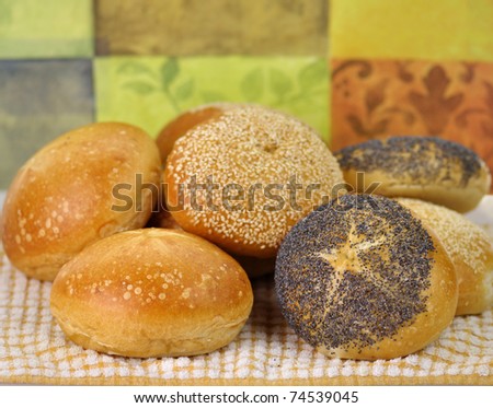 fresh breakfast rolls assortment , close up shot