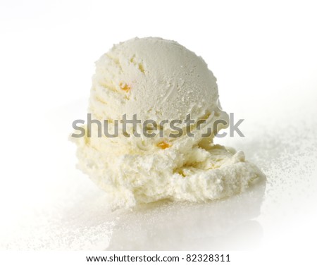 scoop of vanilla ice cream with peaches