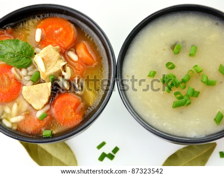 Chicken And Wild Rice Soup And Potato Cream Soup, Top View
