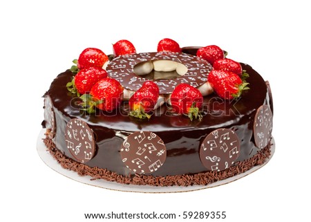 Chocolate pie with a fresh strawberry isolated on a white background