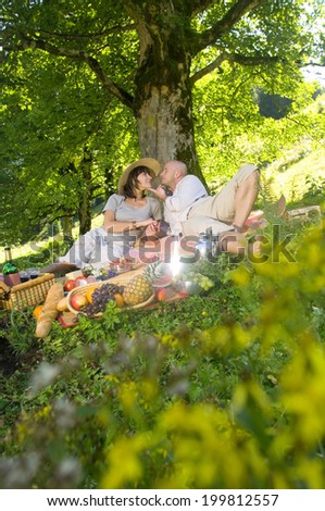 Couple having picnic under tree
