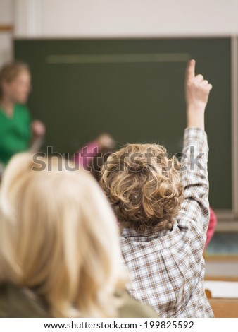 Boy raising hand in classroom, rear view