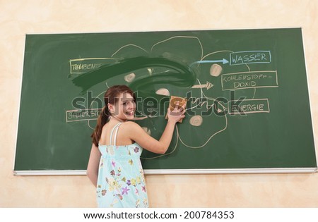 Girl wiping diagram from chalkboard with wet sponge turning back smiling