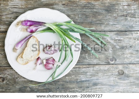 Italy, Tuscany, Magliano, Spring onions, garlic and bread in plate on wooden table