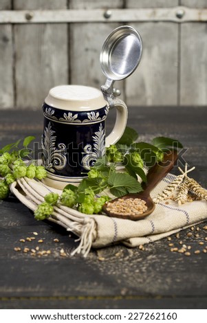 Hops and malt seeds and spikes traditional beer jug on cloth napkin