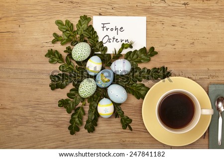 Easter decoration, card, Happy Easter and coffee cup