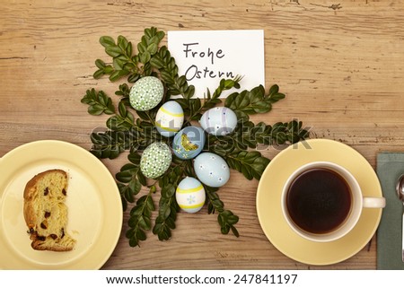 Easter decoration, card, Happy Easter, cake and coffee cup