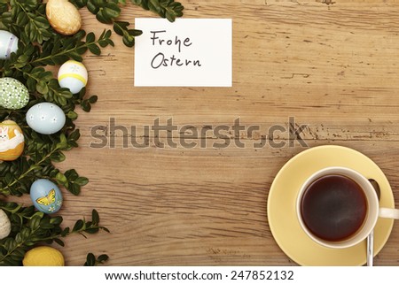 Easter decoration, card, Happy Easter and coffee cup