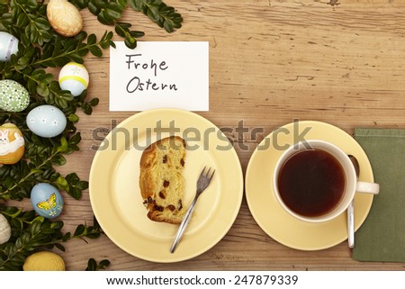Easter decoration, card, Happy Easter, plate with cake and coffee cup