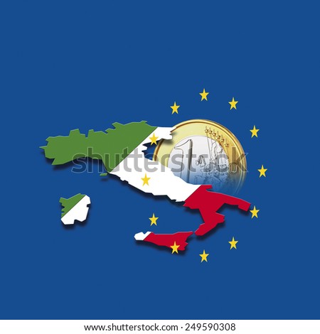 Contour of Italy with European Union stars and euro coin against blue background, digital composite